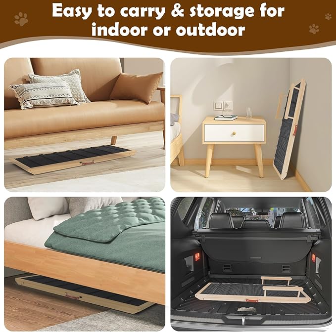 Dog Ramp for Couch, Bed or Car, Wooden 44" Long Pet Stairs for Small &amp; Large Old Dogs &amp; Cats, Hold up to 200lb, 5 Adjustable Height from 14.96" to 22", Portable Doggie Steps, Excellent Traction
