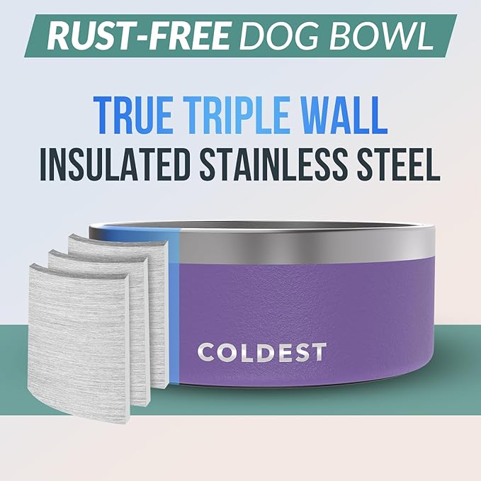 Coldest Dog Bowl - Anti Rust Metal, Non Slip, 3 Layers Insulated Stainless Steel Dog Bowls - Spill Proof &amp; Heavy Duty - Water Bowl for Dogs, Cats &amp; Pets, Dish Washer Safe (100 oz, Galaxy Purple)