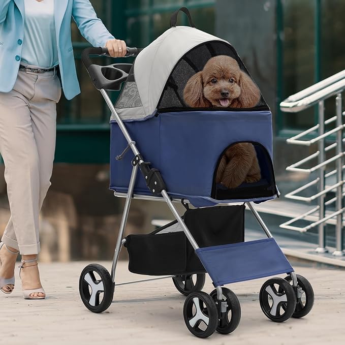 Magshion Foldable Pet Stroller, 3-in-1 Dog Travel Jogger with Detachable Carrier, Cup Holder, Storage Basket, Folding Carrier for Small/Medium Dogs &amp; Cats Up to 33 lbs, Navy Blue