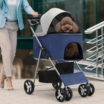 Magshion Foldable Pet Stroller, 3-in-1 Dog Travel Jogger with Detachable Carrier, Cup Holder, Storage Basket, Folding Carrier for Small/Medium Dogs &amp; Cats Up to 33 lbs, Navy Blue