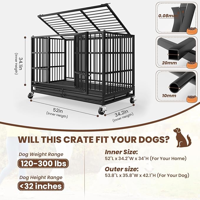 LEVELEVE 54 Inch Heavy Duty Indestructible Dog Crates for Large Dogs，Escape Proof Dog Cage Large Dogs with Lockable Wheels，Dog Kennel Furniture Indoor&amp;Outside