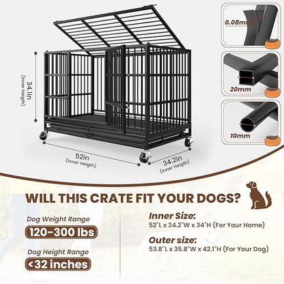 LEVELEVE 54 Inch Heavy Duty Indestructible Dog Crates for Large Dogs，Escape Proof Dog Cage Large Dogs with Lockable Wheels，Dog Kennel Furniture Indoor&amp;Outside
