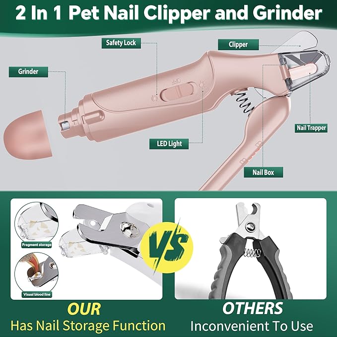 Dog Nail Clippers &amp; Cat Nail Clipper with Catcher, 2 in 1 Dog Nail Trimmers &amp; Grinder with Light for Large Small Dogs Cats,Silent Groom Pro Claw Trimmer, Rechargeable Dogs Nails Grinder Quiet