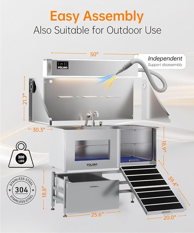 polimo Dog Washing Station with Dryer &amp; LED, Professional Stainless Steel Grooming Tub, Dog Bathtub for Large, Medium &amp; Small Dog, w/Window, Ramp, Drawer, Floor Grate &amp;Fauct （Right RAMP &amp; Dryer, 50"）