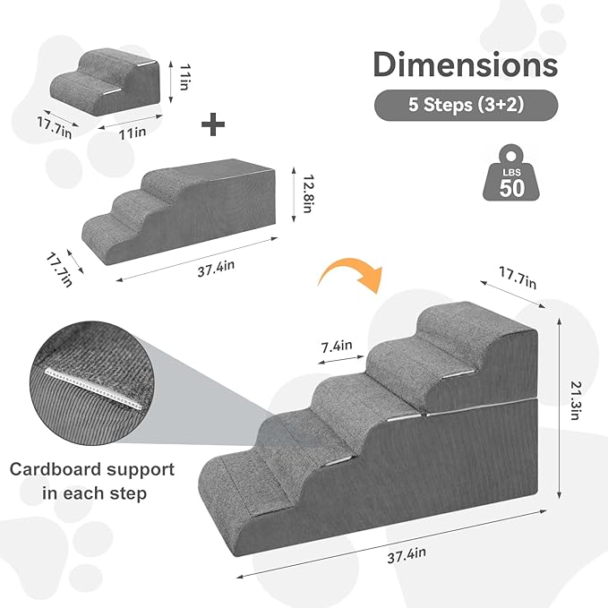 𝟱 𝗦𝘁𝗲𝗽𝘀 Dog Stairs for High Beds, 21.3" Tall Pet Steps for Small to Large Dogs &amp; Cats, Waterproof with Removable Cover &amp; PE Support Board for Bed, Couch, or Car