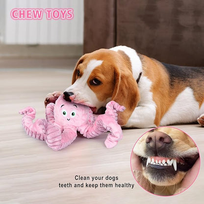 Dog Squeaky Toys Octopus - Tough Plush Large Medium &amp; Small Dog Toys - Stuffed Animals Puppy Toys (Octopus Pink)