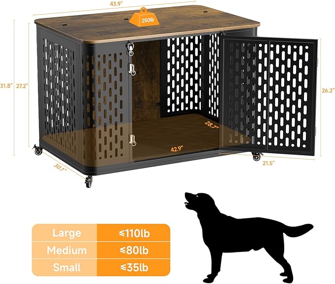 Heavy Duty Dog Crate Furniture for Large and Medium Dogs, 43.7 Inch Large Dog Crate Kennel with Flip Top &amp; Cushion &amp; Wheels, Escape Proof Pet Cage for High Anxiety Dogs