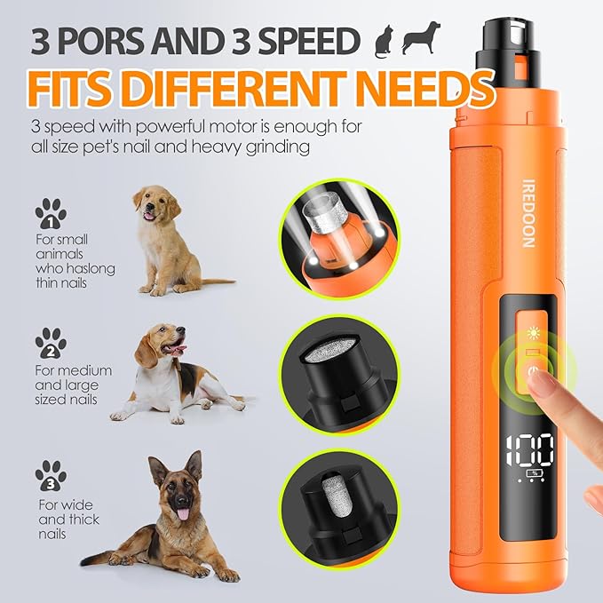 Dog Nail Grinder Upgraded - Professional 3-Speed Super Quiet and Low Vibration Electric Pet Nail Grinder with 4 LED Lights - Painless Paws Grooming &amp; Smoothing for Small to Large Dogs (Orange)