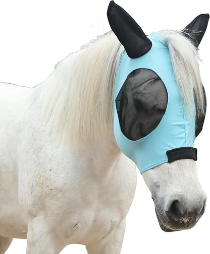 Stretchy Horse Fly Mask for Horses, Soft Lycra Equine Mesh Mask, Elasticity Horse Face Covering, Breathable&amp;UV Protection, Pacific Blue, Cob
