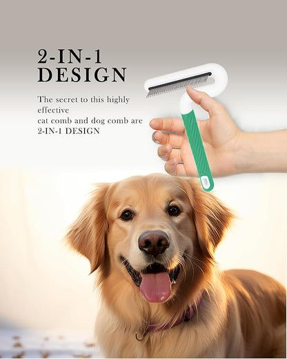 Pet Flea Comb for Dogs &amp; Cats - Grooming Tool with Long &amp; Short Steel Teeth, Safely Removes Tangles and Knots, Gentle Detangling Brush for Pet Hair (TG2043)(Green)