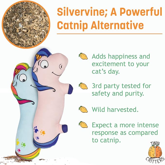 Silvervine Unicorn 2-Pack Organic Catnip Substitute Toys for Cats &amp; Kittens | 100% All-Natural Wild Harvested | 2 Refillable Unicorn Kicker Cat Toys