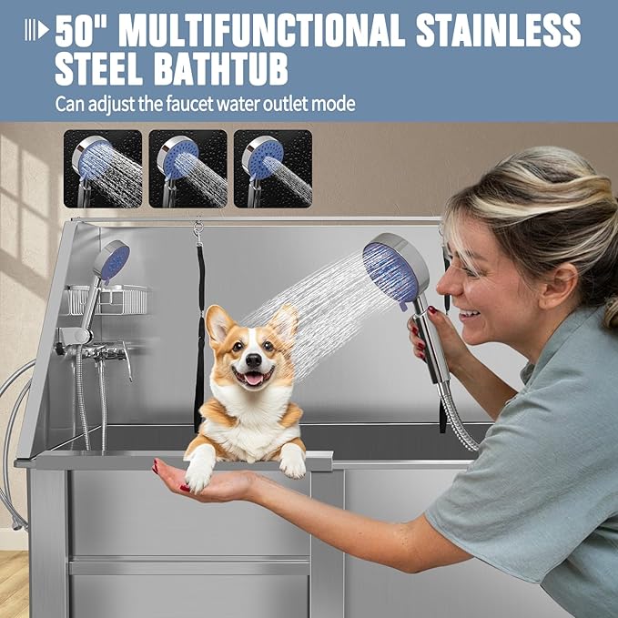 50" Dog Washing Station, Professional Stainless Steel Dog Bathing Station, Equipped/W Three Anti-Slip Steps, Removable Door, Upgraded Spray Nozzle&amp;Hose - for Home, Pet Grooming Salon (50" Left ramp)