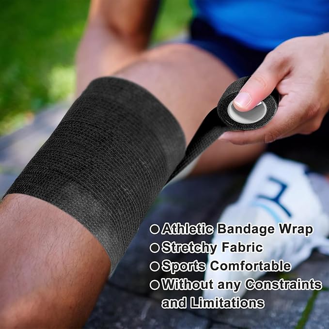 24 Pack Self Adhesive Bandage Wrap, 2” x 5 Yards Elastic Cohesive Bandage Wrap Black Athletic Tape Grip Tape for Ankle, Wrist Sprains, Sports Injuries &amp; Pet First Aid | Medical Sports Tape