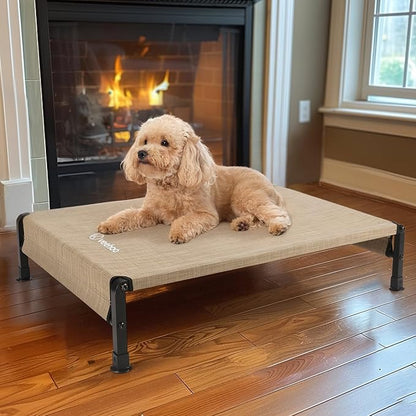 Veehoo Cooling Outdoor Dog Bed, Heavy Duty Elevated Pet Bed with Washable &amp; Breathable Teslin Mesh, Non-Slip Silicon Feet, Dog Cot Bed with Support Hem, 29" x 18", Beige Coffee, CWC2433