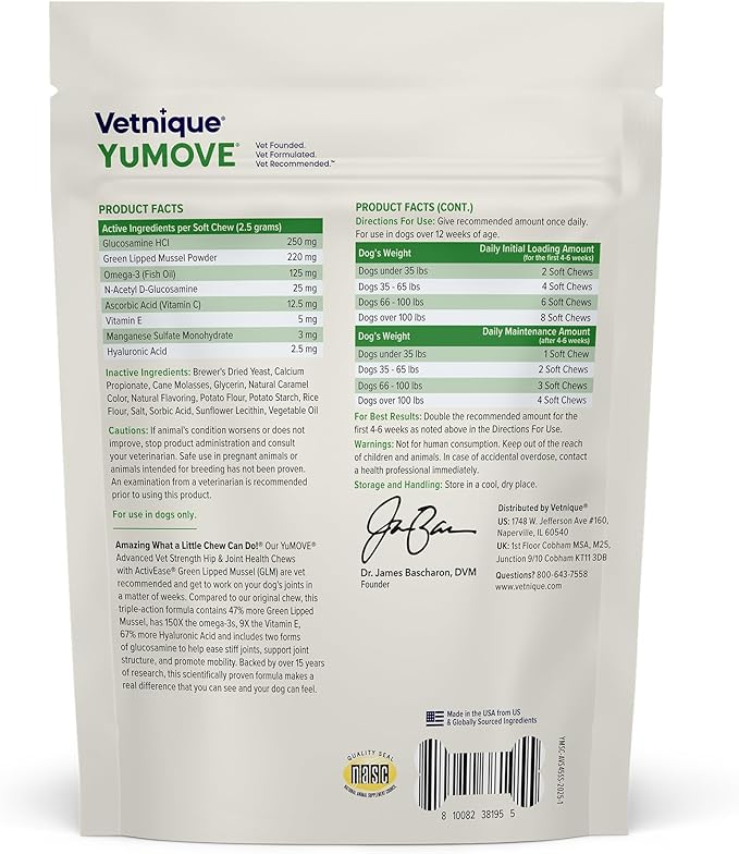 YuMOVE Hip &amp; Joint Supplement for Dogs with Glucosamine, Hyaluronic Acid, Green Lipped Mussel &amp; Omega 3 Joint Supplement - Regular or Advanced Strength (45ct, Advanced Vet Strength Soft Chews)
