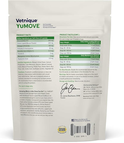YuMOVE Hip &amp; Joint Supplement for Dogs with Glucosamine, Hyaluronic Acid, Green Lipped Mussel &amp; Omega 3 Joint Supplement - Regular or Advanced Strength (45ct, Advanced Vet Strength Soft Chews)