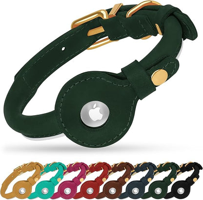 OOPSDOGGY Rolled Leather Dog Collar with Airtag Holder - Reflective Round Airtag Dog Collar - Soft Tracking Pet Collar for Small Dogs Puppy Cats Kitten (Green, XXL, 20"-24")