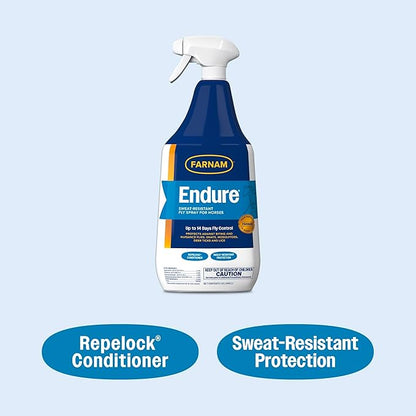 Farnam Endure Sweat-Resistant Fly Spray for Horses, Lasts Up to 14 Days, Protects Against Flies, Gnats, Mosquitoes, Ticks &amp; Lice, 32 oz.