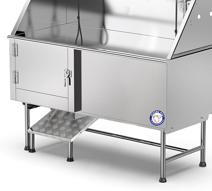 Flying Pig 62" Stainless Steel Pet Dog Grooming Bath Tub with Walk-in Ramp &amp; Accessories (Left Door/Right Drain)