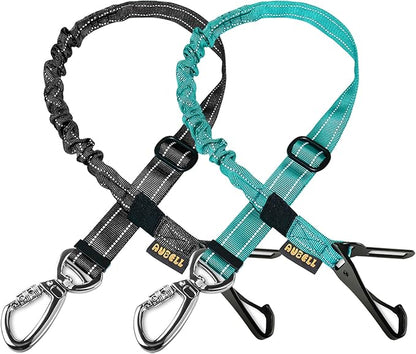 AUBELL Dog Seat Belt for Car,2 Pack Set 3-in-1 Adjustable Reflective Bungee Heavy Duty Dog Car Harness Tether with Clip Hook Latch &amp; Buckle,Swivel Zinc Alloy Carabiner,Black+Teal