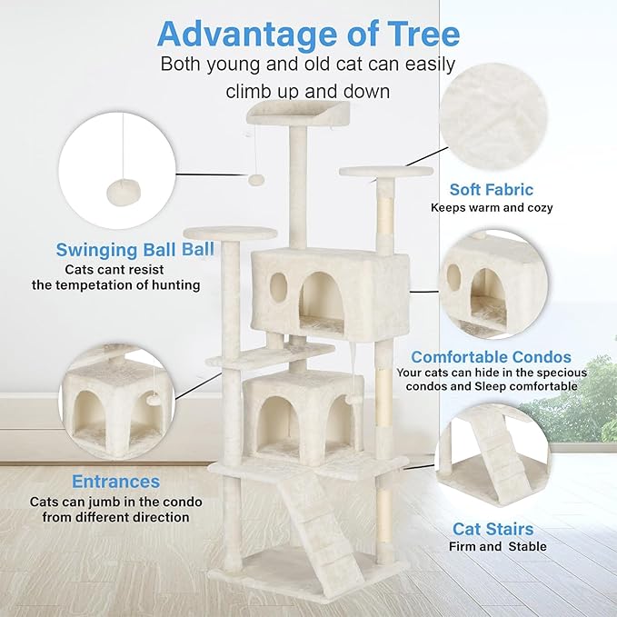 FDW Cat Tree Tower 62in Multi-Level Durable Cat Scratching Post &amp; Cozy Fun Jumping Platform Space Saving Condo Pet Play House for Indoor Cats, Beige