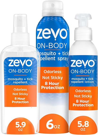 Zevo On-Body Tick &amp; Mosquito Repellent Spray &amp; Bug Repellent Lotion - 8 Hour Insect Protection - Odorless &amp; Non-Sticky (1 Lotion, 1 Pump Bottle &amp; 1 Aerosol Bottle)
