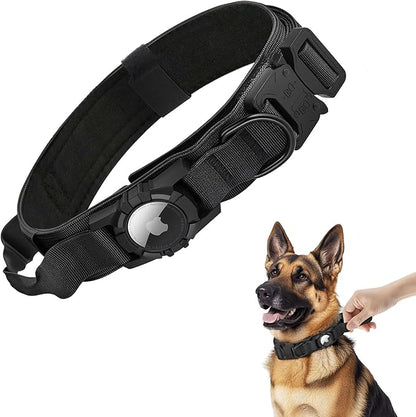 Waterproof Tactical Dog Collar with AirTag Holder - Heavy Duty Adjustable Collar for Medium to Large Dogs, Control Handle &amp; Apple AirTag Compatible [Black,