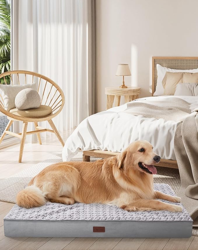 OhGeni Orthopedic Waterproof &amp; Machine Washable Dog Bed for Large Pets, Suitable for Crates, 25D Egg Crate Foam, Non-Slip Bottom &amp; Removable Cover, Houndstooth Fabric, 41 Inches(Gray)