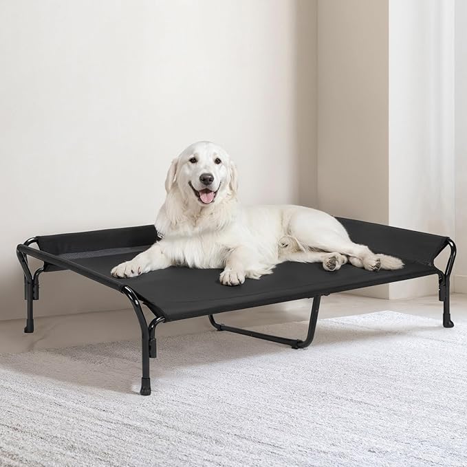 Veehoo Cooling Elevated Dog Bed, XL Raised Pet Cot with Guardrail &amp; Slope Headrest, Durable Breathable Teslin Mesh, Non-Slip Feet, Washable Dog Couch Bed for Indoor &amp; Outdoor, 50.5" x 33.5, Black
