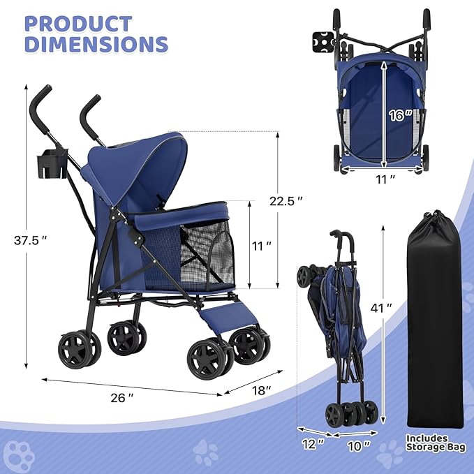 Magshion Compact Pet Stroller for Small-Medium Dogs/Cats up to 22lbs, 4-Wheel Lightweight Umbrella Shaped Portable Puppy Travel Jogger with Breathable Mesh, Cup Holder &amp; Rear Storage, Navy Blue