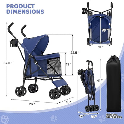 Magshion Compact Pet Stroller for Small-Medium Dogs/Cats up to 22lbs, 4-Wheel Lightweight Umbrella Shaped Portable Puppy Travel Jogger with Breathable Mesh, Cup Holder &amp; Rear Storage, Navy Blue