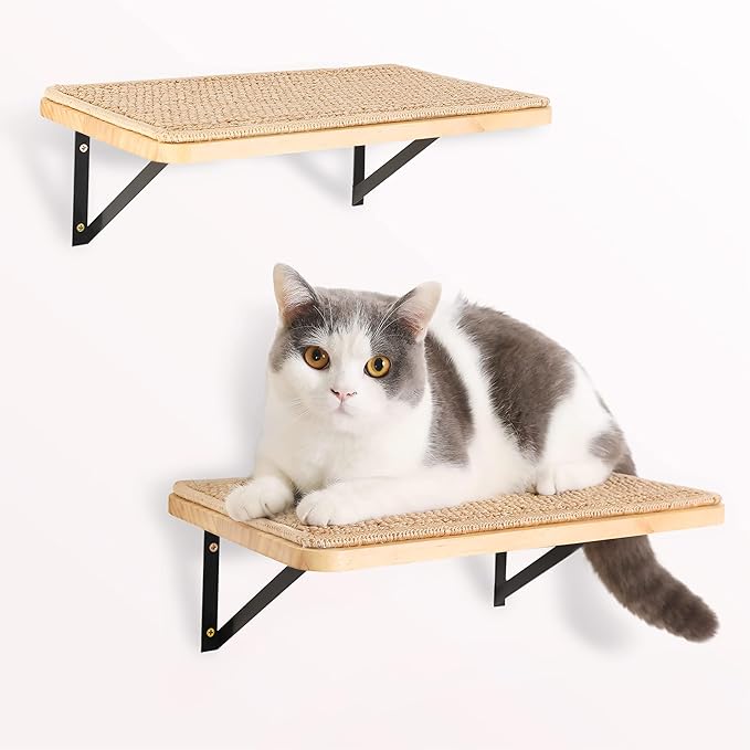 2PCS Cat Wall Shelves with Scratching Mat, 16.6x9.7 Inch Large Cat Wall Hammock Cats Furniture Shelf Window Perch Wall Mounted Beds for Household Pets Sleeping, Playing, Climbing