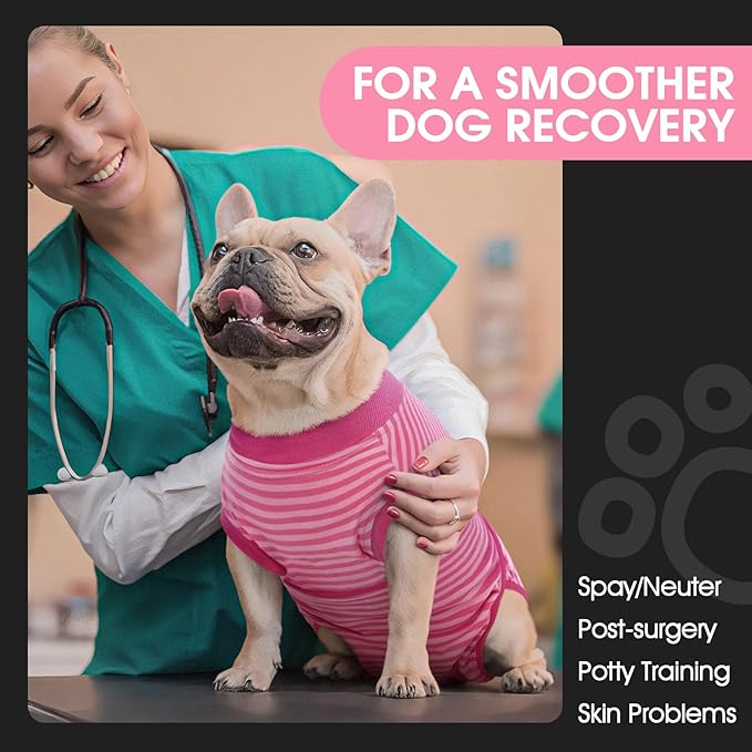 FUAMEY Recovery Suit for Dogs After Surgery,Soft Breathable Dog Bodysuit E-Collar &amp; Cone Alternative Surgical Suit,Male Female Dog Neuter Spay Suits Anti Licking Wounds Onesie Rose Stripes XL