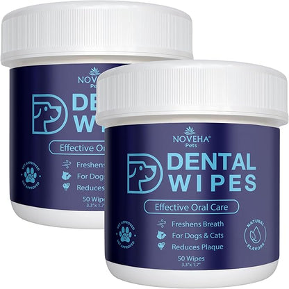 NOVEHA Pets Dental Finger Wipes for Dogs &amp; Cats | Freshens Breath, Reduces Plaque | Healthier Gums | Clean Teeth No Toothbrush | Vet Recommended Effective Natural Oral Care (100 pcs, Flavor-Free)