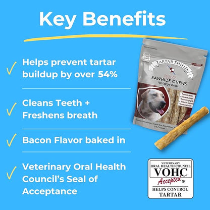 Tartar Shield Soft Rawhide Chews | Safe Dental Treats for Large Dogs | Vet VOHC Approved | Daily Bone Cleans Teeth &amp; Gums Fresh Breath Oral Health Support | USA Made | (Large Dogs / 24 Count)