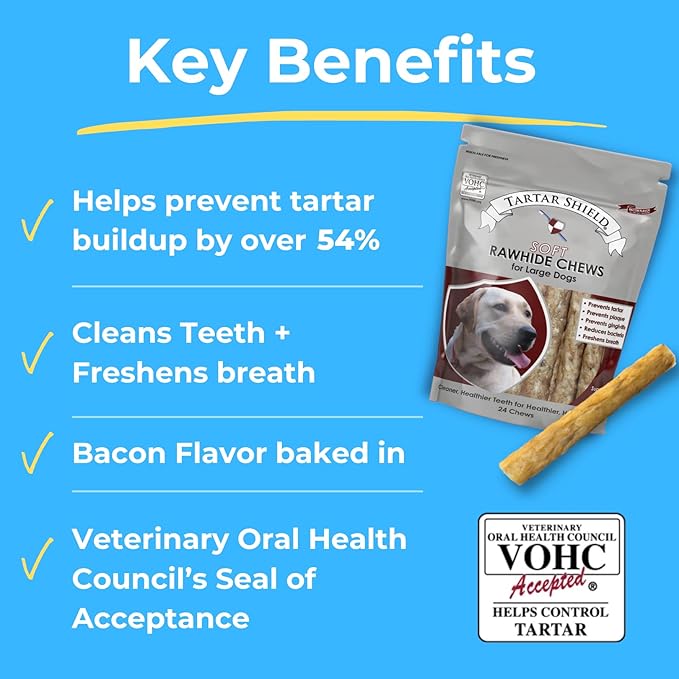Tartar Shield Soft Rawhide Chews | Safe Dental Treats for Large Dogs | Vet VOHC Approved | Daily Bone Cleans Teeth &amp; Gums Fresh Breath Oral Health Support | USA Made | (Large Dogs / 8 Count)