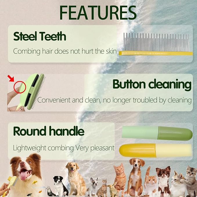 2Pcs Flea Comb for Cats Dogs,Long &amp; Short Stainless Steel Metal Teeth for Shedding and Tangles,Cat Combs for Indoor Cats