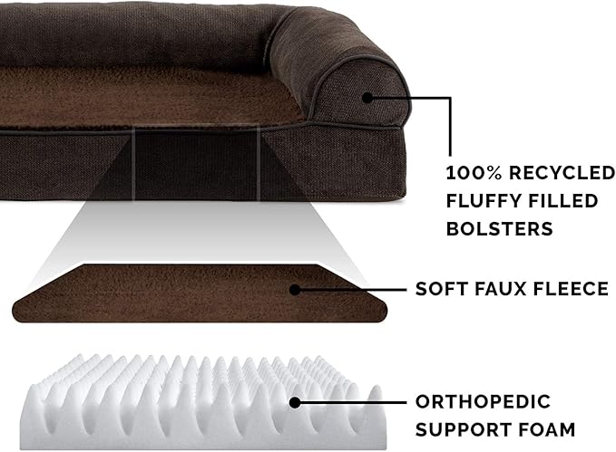Furhaven Orthopedic Dog Bed for Large Dogs w/ Removable Bolsters &amp; Washable Cover, For Dogs Up to 95 lbs - Sherpa &amp; Chenille Sofa - Coffee, Jumbo/XL