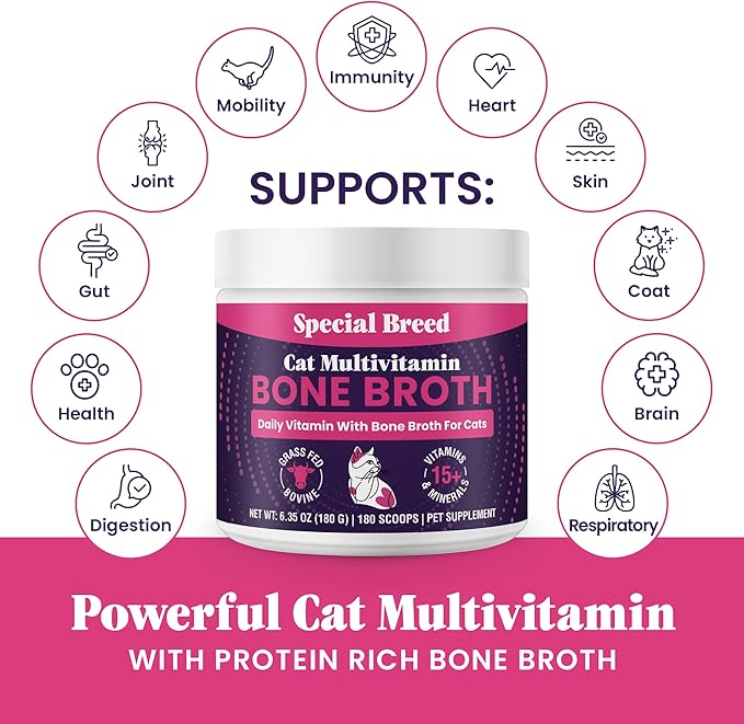 Cat Multivitamin with Grass-Fed Beef Bone Broth – Daily Supplement for Immune, Joint, Skin, Coat &amp; Gut Health – Omega 3s, Lysine, Beta Glucan, Vitamins A-E, C, D – 180 Day Supply – No Fillers