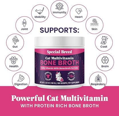 Cat Multivitamin with Grass-Fed Beef Bone Broth – Daily Supplement for Immune, Joint, Skin, Coat &amp; Gut Health – Omega 3s, Lysine, Beta Glucan, Vitamins A-E, C, D – 180 Day Supply – No Fillers