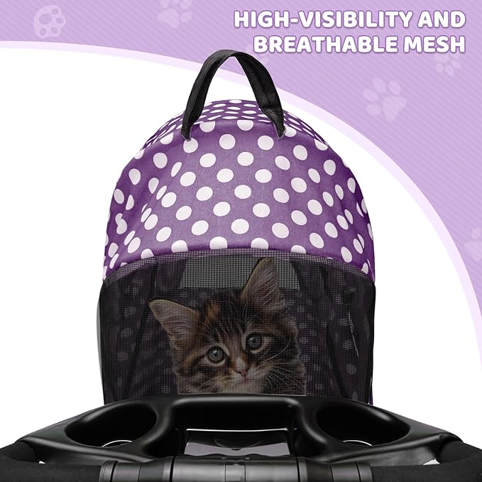 Magshion Foldable Pet Stroller, 3-in-1 Dog Travel Jogger with Detachable Carrier, Cup Holder, Storage Basket, Folding Carrier for Small/Medium Dogs &amp; Cats Up to 33 lbs, Purple Polka Dots