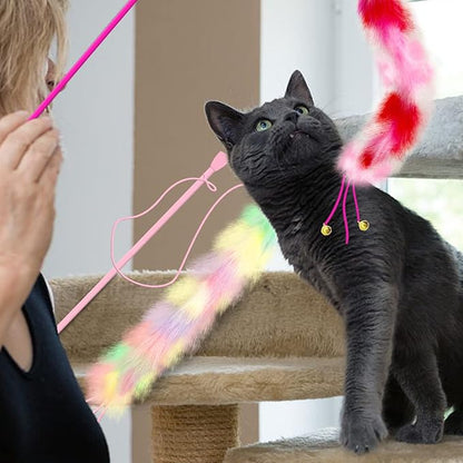 2 Pack Cat Wand Toy, Rainbow Cat Feather Toys with Bells, Teaser Wand with Soft Furry Tail, Interactive Toys for Indoor Cats &amp; Kitten &amp; Kitty