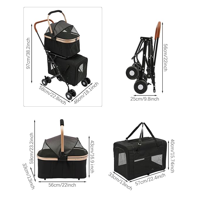 Double Pet Stroller with Detachable Carriers, Large Cat &amp; Dog Stroller with 4 Wheels, Foldable Pet Strollers Small &amp; Medium Dogs Cats 77lbs (Black)