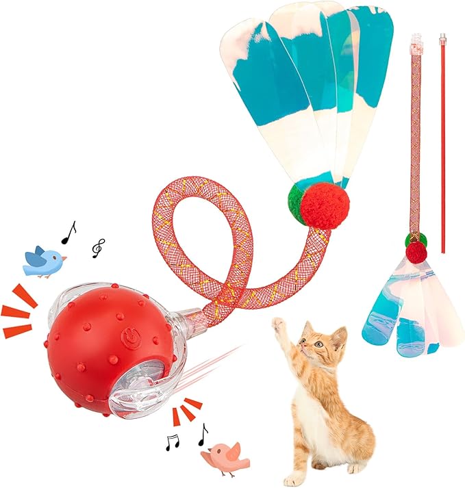 Interactive Cat Toys Ball for Indoor Cats, Automatic Agile Rolling Cat Ball with Elastic Mesh Tail, Bird Chirping &amp; Motion Activated, 2 Tail Accessories, Kitten Toy for Bored (Red)