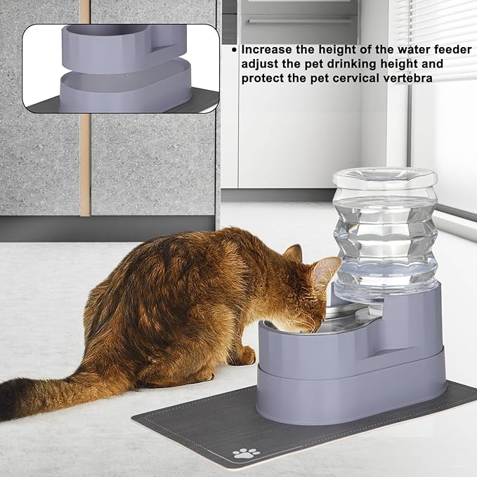 Sfozstra Automatic Gravity Water Dispenser: 5L Gray Stainless Steel Pet Bowl Waterer with Waterproof Pad - Raised Edge Water Feeder for Cats &amp; Small Dogs Indoor/Outdoor