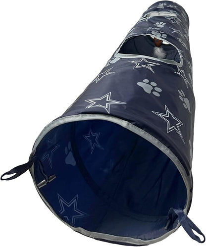 NFL Dallas Cowboys Cat Tunnel Tube Toy with Plush Football Catnip and Feathers Collapsible Tunnel for Cats to Play, Peek and Hide, Sporty &amp; Fun Cat Tunnel Toy with Team Logo All-Over Design!