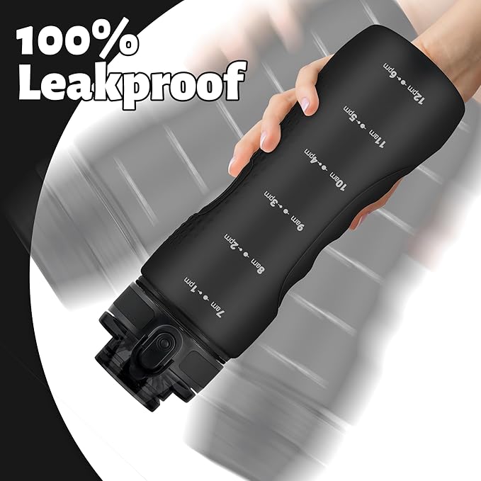 OLDLEY 25 oz Water Bottle, Motivational Water Bottle with Time Marker, Sports Water Bottle With Strap, Leakproof &amp; BPA Free Large Water Bottles for School, Gym, Travel, Outdoor, Tritan,Black