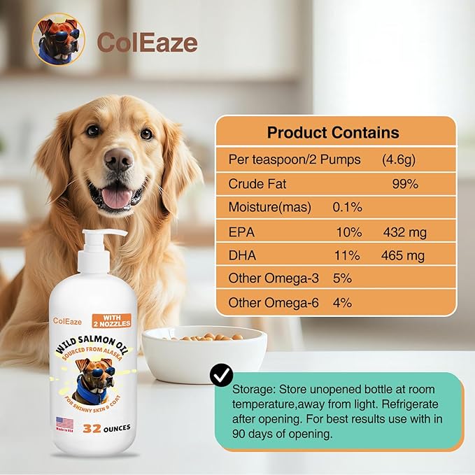 Salmon Oil for Dogs, Fish Oil for Cats, 32oz Salmon Oil for Dogs Skin and Coat Fish Oil Supplements with Vitamin D, EPA + DHA for Itchy Relief, Immune Support for Joints &amp; Heart, Dry Skin &amp; Allergies