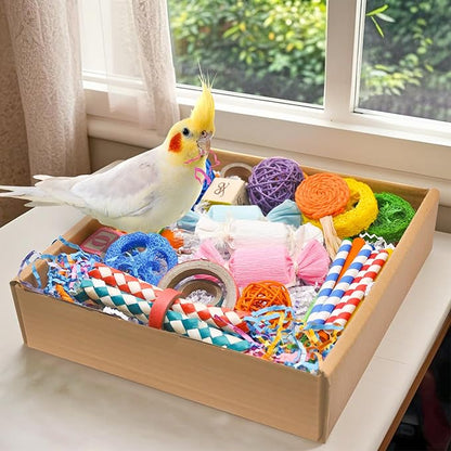 Colorful Bird Foraging &amp; Shredding Toys Box – Safe Bird Toys for Parakeets, Cockatiels, Conures &amp; Small Birds, Perfect for Spring and Summer