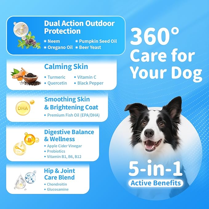 Dog Flea and Tick Support Chewable, Natural Dog Flea Comfort Supplement, Oral Chews with Neem, Oregano Oil, Pumpkin Seed Oil &amp; Brewer&